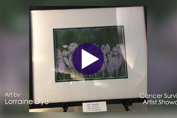 A photo of a patient's painting of purple flowers.